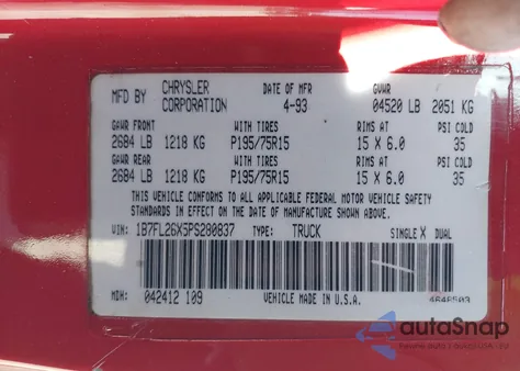 1993 Dodge Dakota from USA, damaged, VIN 1B7FL26X5PS280837